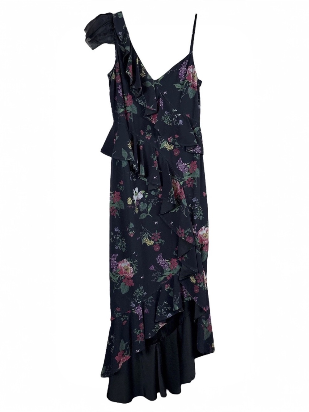 AMUR $598 Floral Peplum Asymmetric Ruffle Cocktail Midi Dress Gown Black Size 2